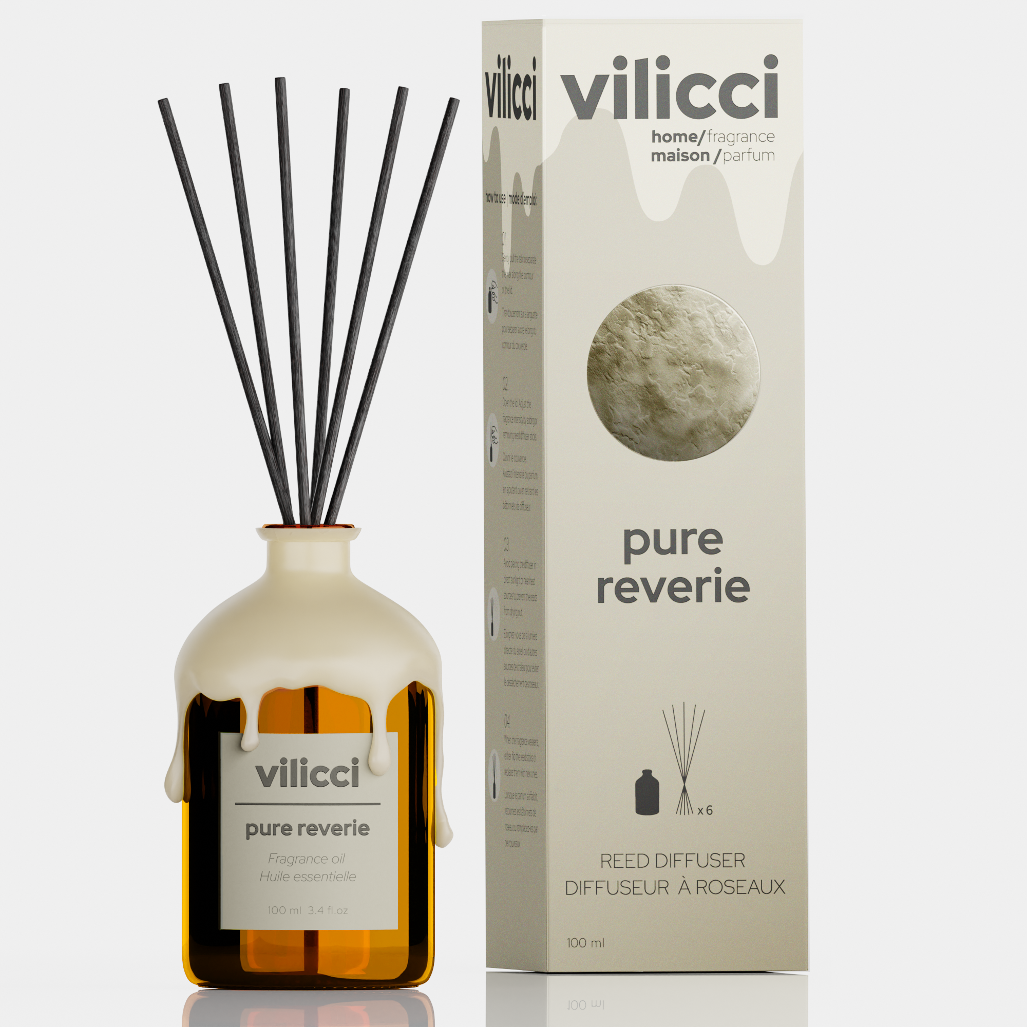 Vilicci Pure Reverie home diffuser with cream-drip bottle and minimalist packaging, 100ml size